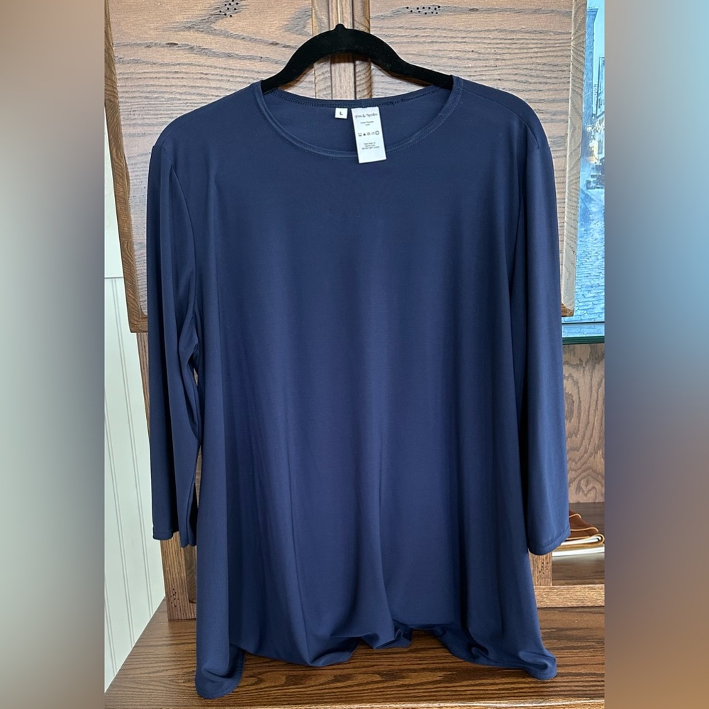 Navy Pins & Needles layering top. Runs larger than size L.